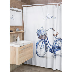 Elegant Delft Blue Floral Bicycle Personalized Shower Curtain