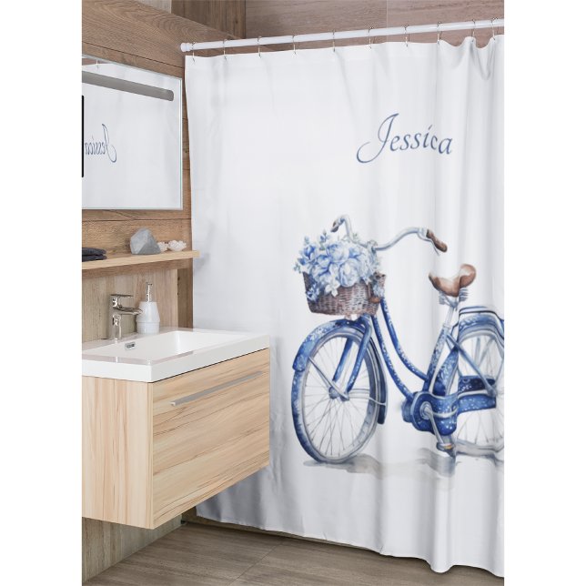 Elegant Delft Blue Floral Bicycle Personalized Shower Curtain (Creator Uploaded)