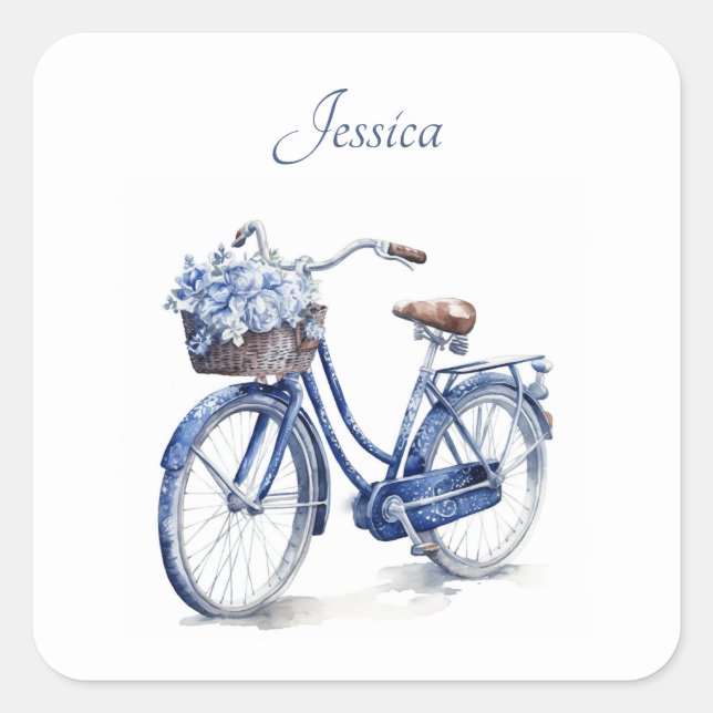 Elegant Delft Blue Floral Bicycle Personalized Square Sticker (Front)