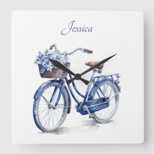 Elegant Delft Blue Floral Bicycle Personalized Square Wall Clock