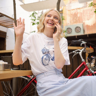 Elegant Delft Blue Floral Bicycle Personalized T-Shirt