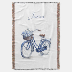 Elegant Delft Blue Floral Bicycle Personalized Throw Blanket
