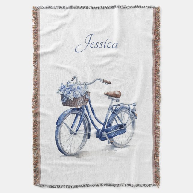 Elegant Delft Blue Floral Bicycle Personalized Throw Blanket (Front Vertical)