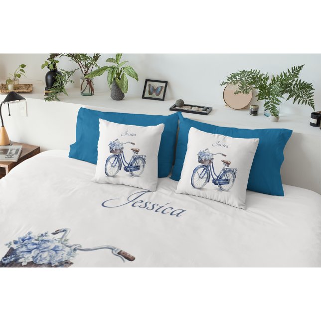 Elegant Delft Blue Floral Bicycle Personalized Throw Pillow (Creator Uploaded)