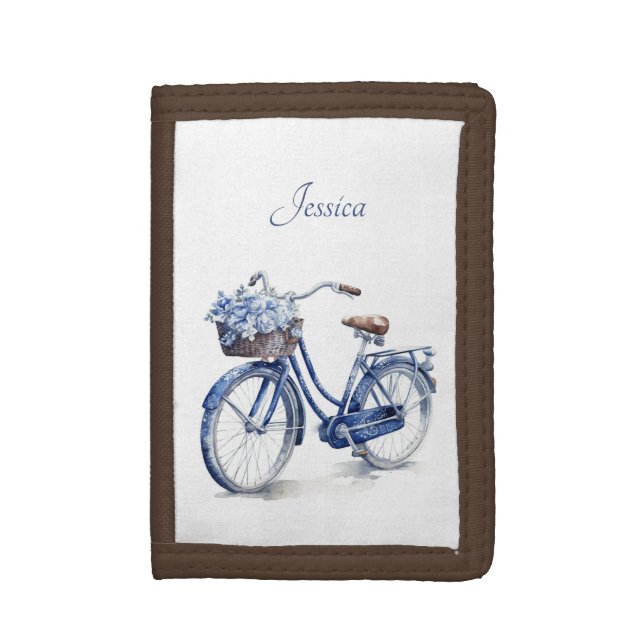 Elegant Delft Blue Floral Bicycle Personalized Trifold Wallet (Front Vertical)