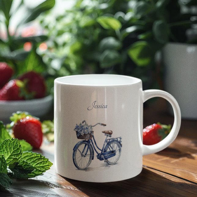 Elegant Delft Blue Floral Bicycle Personalized Two-Tone Coffee Mug (Creator Uploaded)