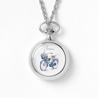 Elegant Delft Blue Floral Bicycle Personalized Watch