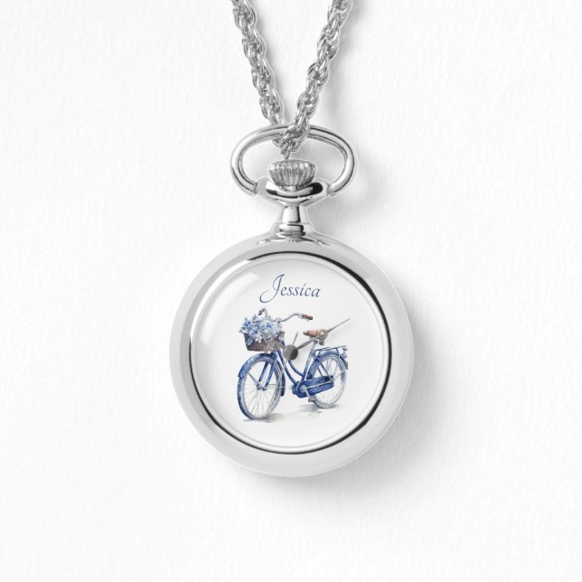 Elegant Delft Blue Floral Bicycle Personalized Watch (Front)