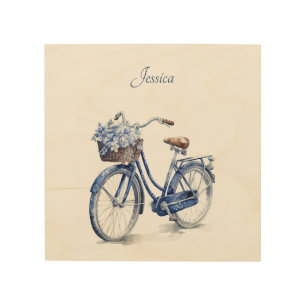 Elegant Delft Blue Floral Bicycle Personalized Wood Wall Art