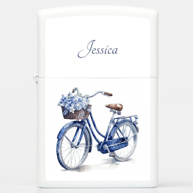 Elegant Delft Blue Floral Bicycle Personalized Zippo Lighter (Front)