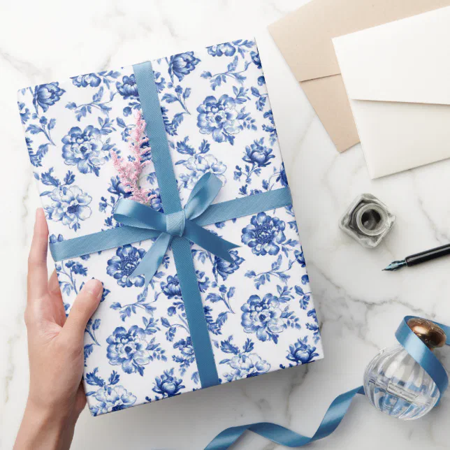 Elegant Delft Blue Floral Wrapping Paper | Zazzle