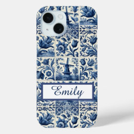 Elegant Delft Tiles Personalized iPhone 15 Case