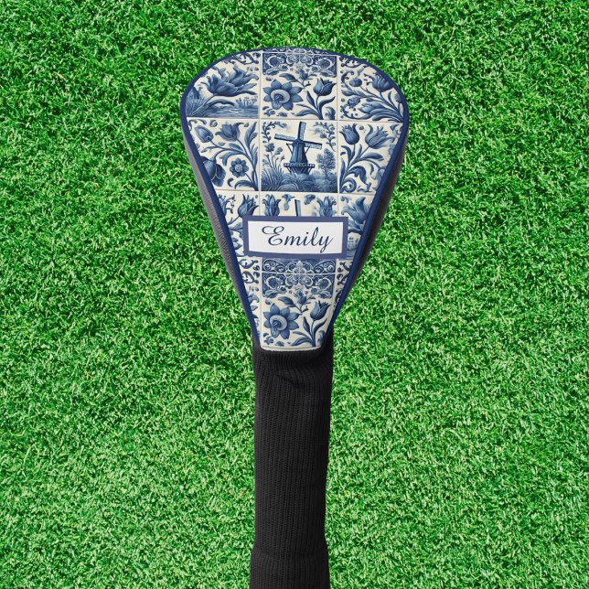Elegant Delft Tiles Personalized Golf Head Cover (Elegant golf head cover, blue and white tiled design with personalization )