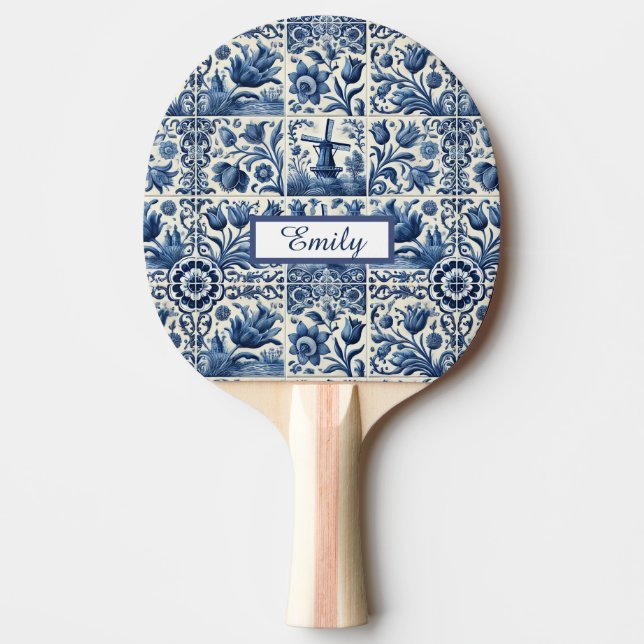 Elegant Delft Tiles Personalized Ping Pong Paddle (Front)