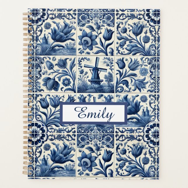 Elegant Delft Tiles Personalized Planner (Front)
