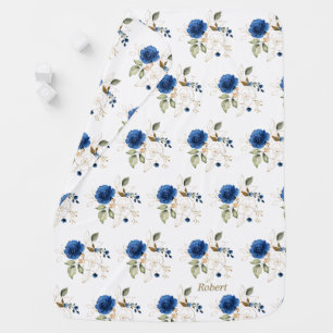 Elegant Delicate Blue Gold Flowers Monogram Baby Blanket