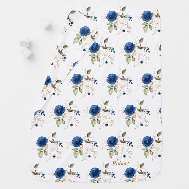 Elegant Delicate Blue Gold Flowers Monogram Baby Blanket (In Situ)