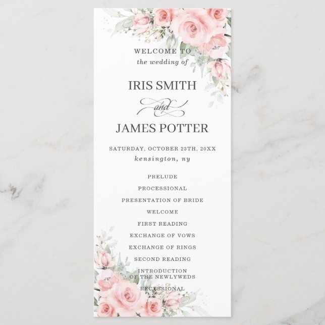Elegant Delicate Blush PInk Floral Wedding Program (Front)