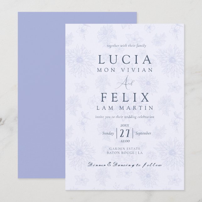 Elegant Delicate Dusty Blue Shadow floral Wedding Invitation (Front/Back)