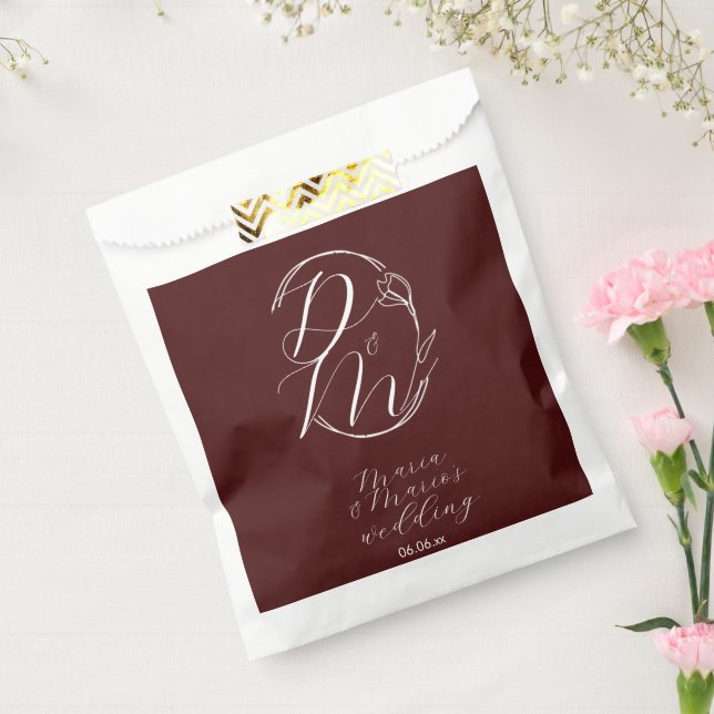 Elegant Delicate Floral Wedding Logo Deep Burgundy Favor Bag (Sealed)