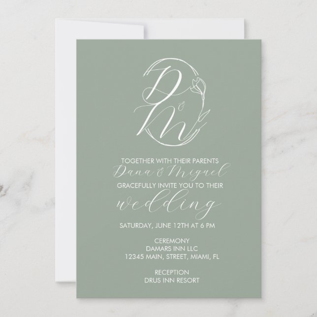 Elegant Delicate Floral Wedding Logo Monogrammed A Invitation (Front)