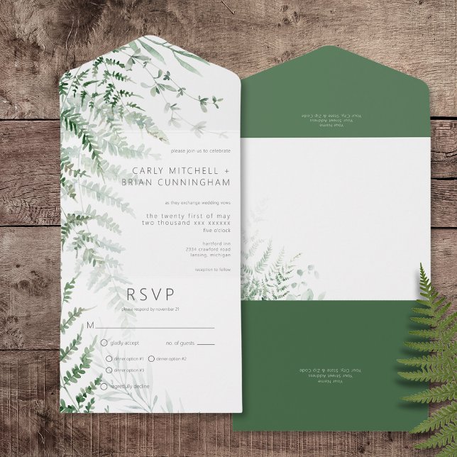 Elegant Delicate Greenery Ferns Dinner All In One Invitation (Elegant Delicate Greenery Ferns All In One Wedding Invitation with Dinner Options)