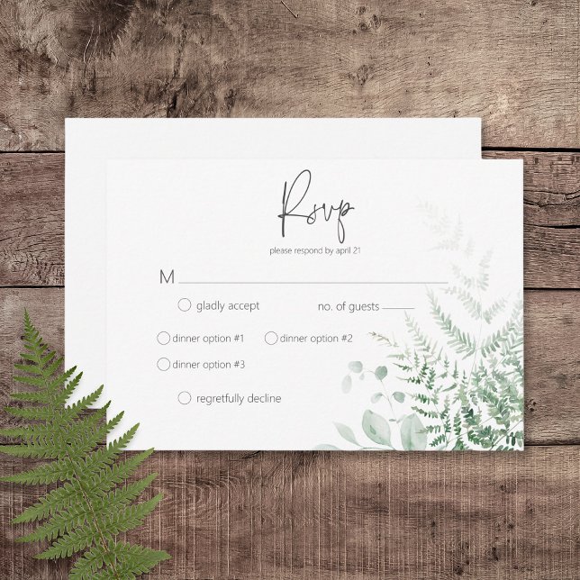 Elegant Delicate Greenery Ferns Dinner RSVP Card (Elegant Delicate Greenery Ferns Wedding Response Card with Dinner Options)