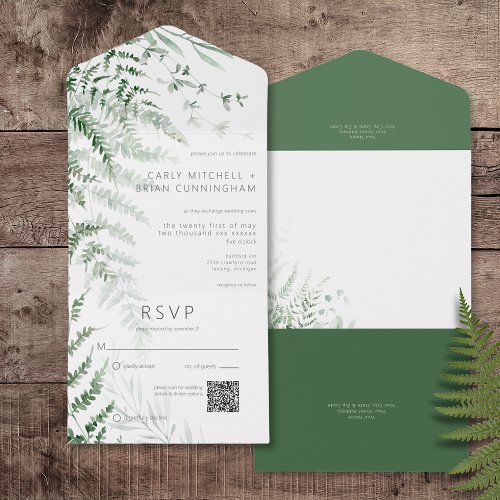 Elegant Delicate Greenery Ferns QR Code All In One Invitation
