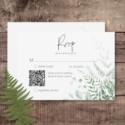 Elegant Delicate Greenery Ferns QR Code RSVP Card