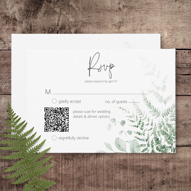 Elegant Delicate Greenery Ferns QR Code RSVP Card (Elegant Delicate Greenery Ferns Wedding Response Card with QR Code)