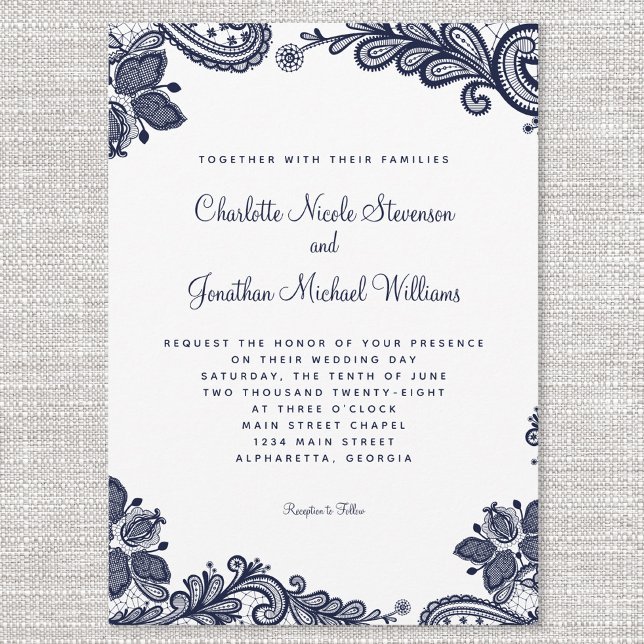 Elegant Delicate Lace Wedding Navy Blue White Chic Invitation (Creator Uploaded)