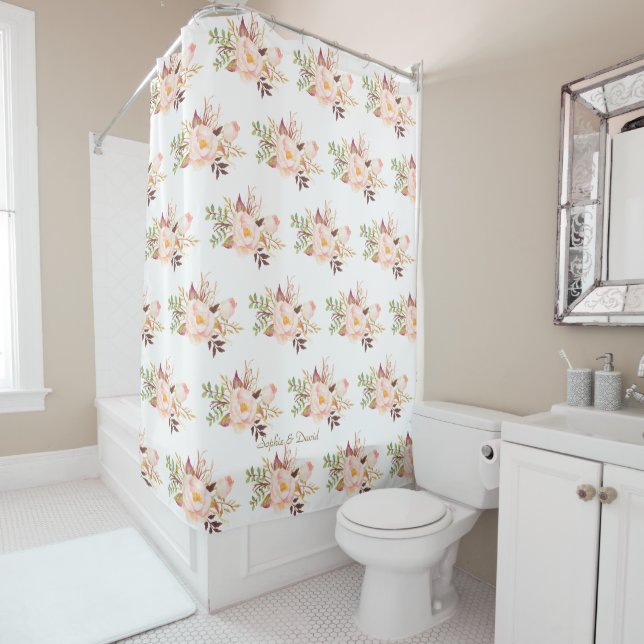 Elegant Delicate Pink Blush Flowers Monogram Shower Curtain (In Situ)