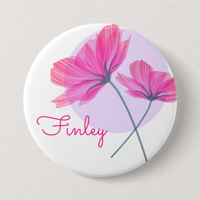 Elegant delicate pink flowers name light blue dot button (Front)
