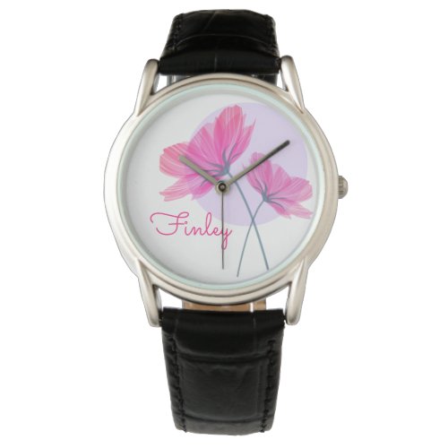 Elegant delicate pink flowers name light blue dot watch