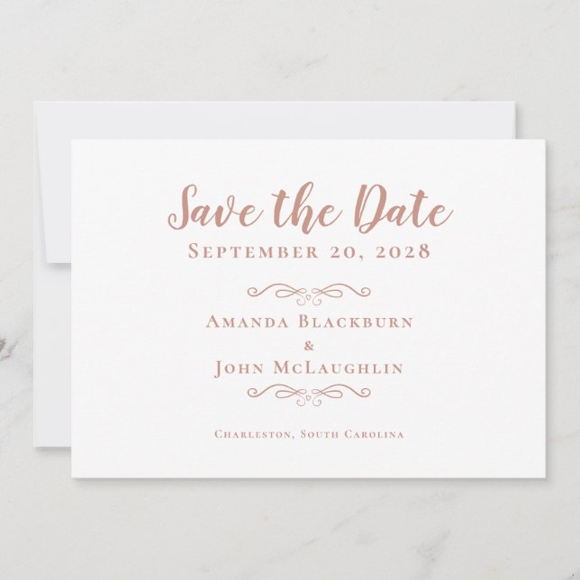 Elegant Delicate Romantic Calligraphy Rose Gold Save The Date (Front)