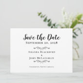 Elegant Delicate Script Romantic Calligraphy Black Save The Date (Standing Front)