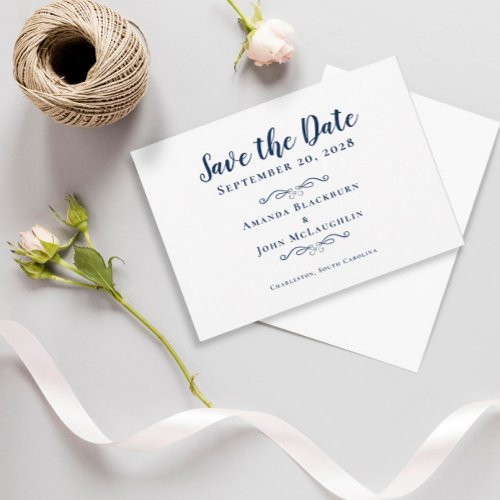 Elegant Delicate Script Romantic Calligraphy Blue Save The Date