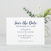 Elegant Delicate Script Romantic Calligraphy Blue Save The Date (Standing Front)