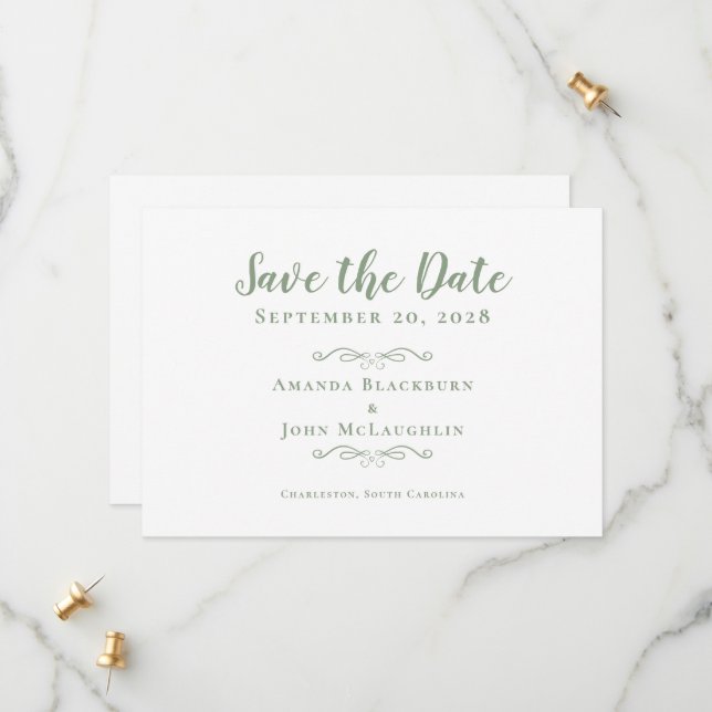 Elegant Delicate Script Romantic Calligraphy Green Save The Date (Front/Back In Situ)