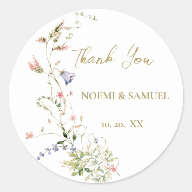 Elegant Delicate Watercolor Wildflower Wedding Classic Round Sticker (Front)