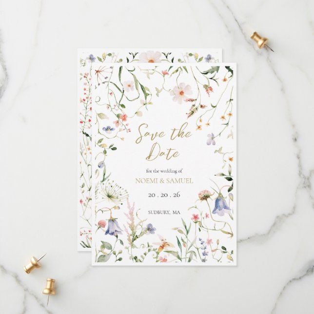 Elegant Delicate Watercolor Wildflower Wedding Save The Date (Front/Back In Situ)
