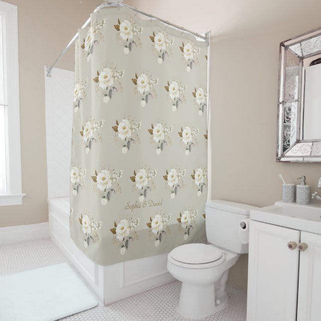 Elegant Delicate White Cream Gold Flowers Monogram Shower Curtain (In Situ)