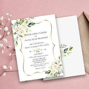 Elegant Delicate White Flowers Gold Frame Wedding Invitation