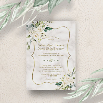 Elegant Delicate White Flowers Gold Marble Wedding Invitation by Go4Wedding at Zazzle