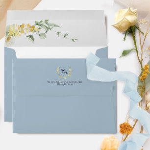 Elegant, Delicate Yellow Floral Wedding Blue Envelope