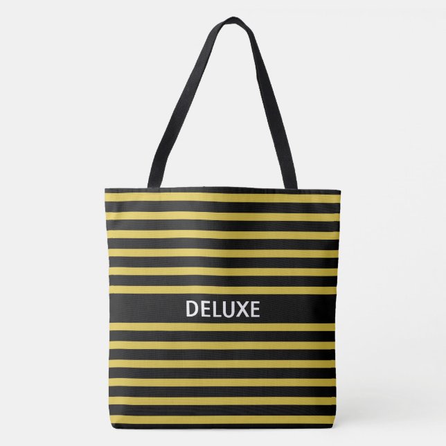 Elegant Deluxe on Black and Golden Striped Tote Bag (Front)