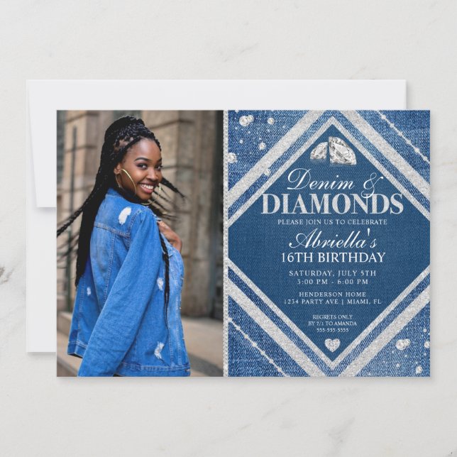 Elegant Denim and Diamonds Photo Invitation (Front)