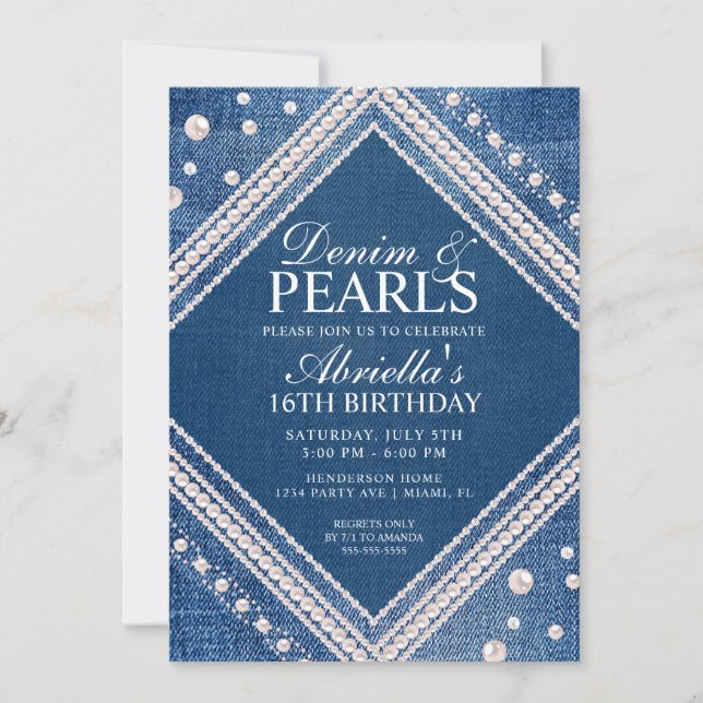 Elegant Denim and Pearls Invitation (Front)