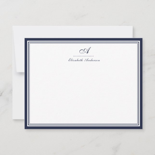 Elegant Denim Blue Monogram Correspondence Note Card (Front)