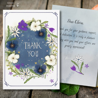 Elegant Denim Blue Watercolor Floral Thank You Card